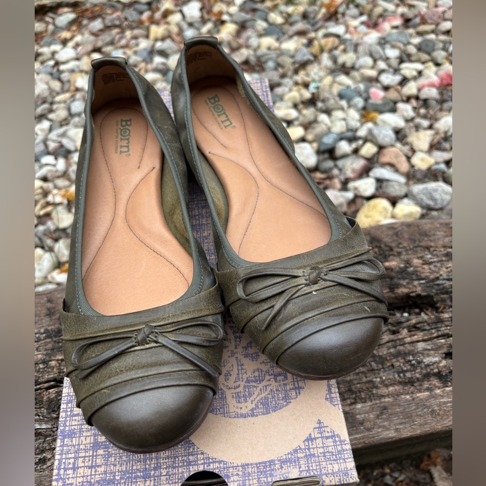 Born Green Leather Flats with Ruched Toe